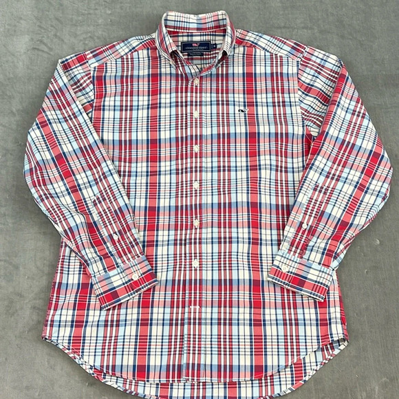 Vineyard Vines By Shep & Ian Button Down Shirt Mens Check Red Blue Sz Med - Picture 1 of 7